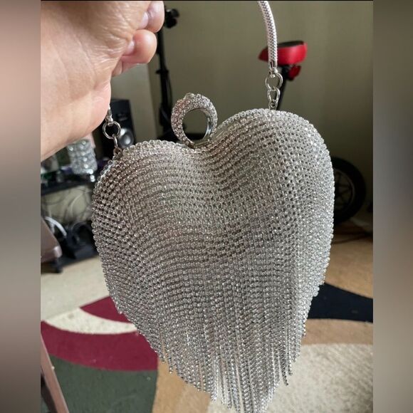 Luxury Heart Shape Rhinestone Tassel Evening Clutch Bag Party Purse Valentines - Picture 6 of 6